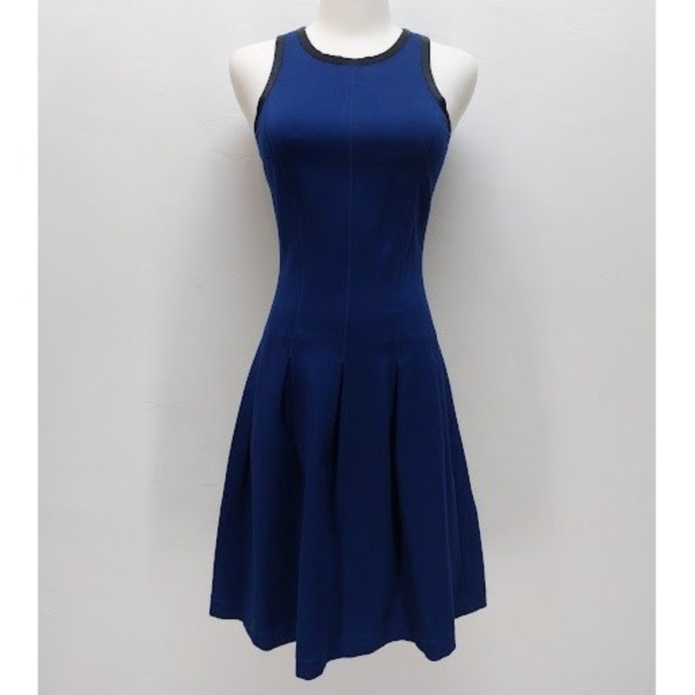 Banana Republic Ponte Fit Flare Dress Women's 2 Blue Sleeveless Pleated Ponte